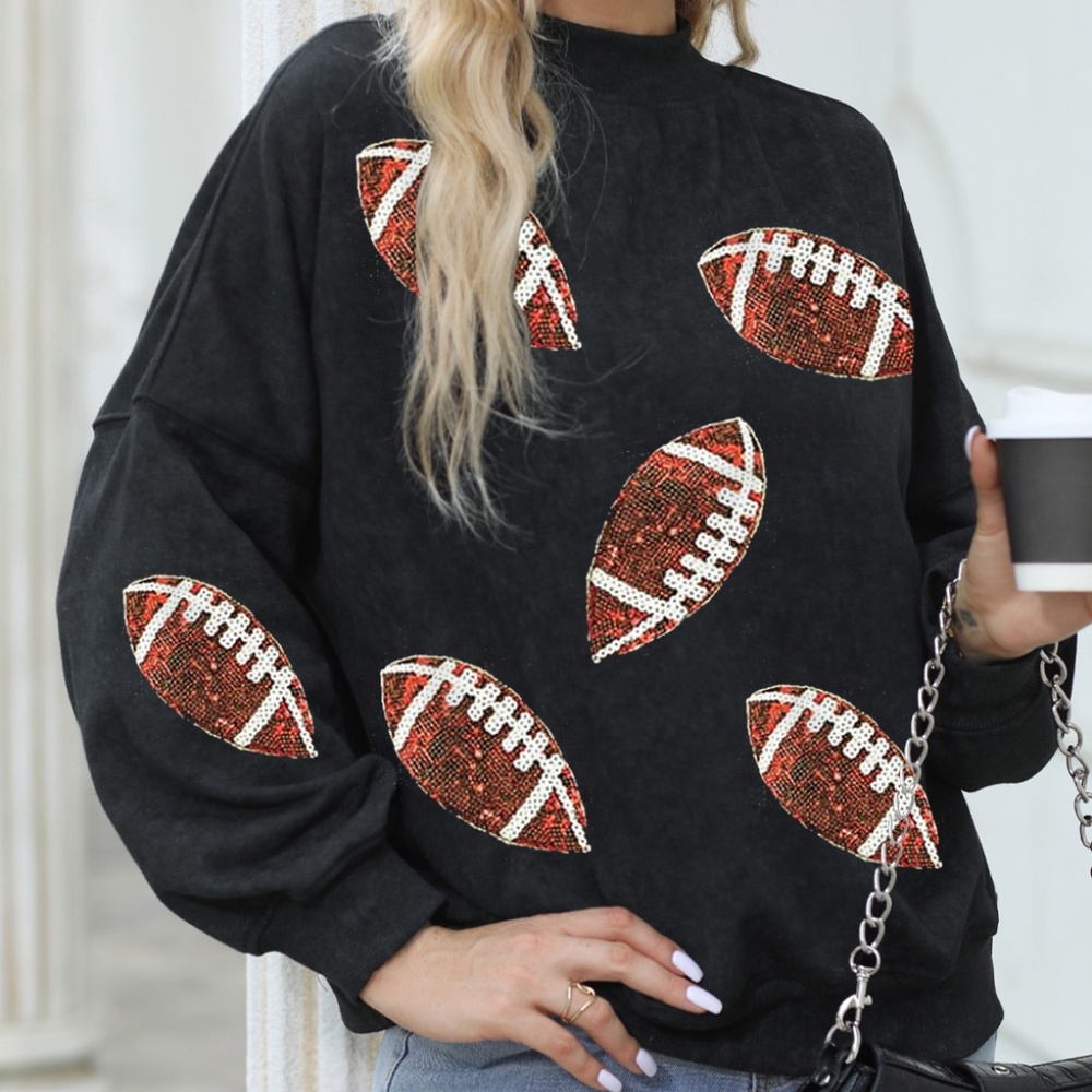 Black Football Sparkle Crew Neck Sweater Game Day Sweater - Picture 4 of 5